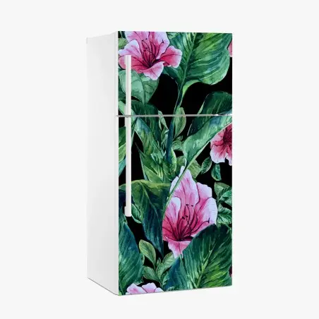 Sticker pour réfrigérateur motif floral tropical sur fond noir – Wallnifity®