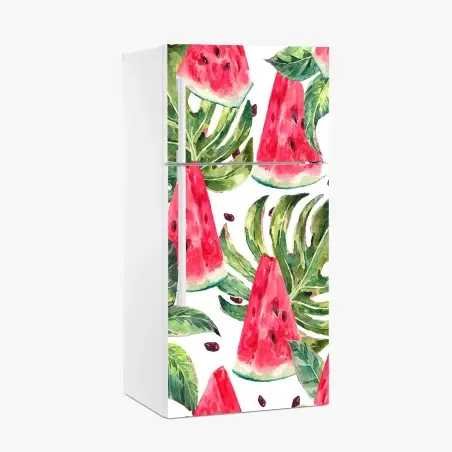Sticker pour réfrigérateur motif pastèque et feuilles tropicales en aquarelle – Wallnifity®