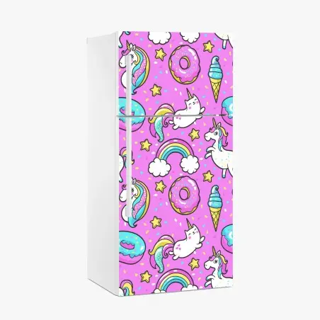 Sticker pour réfrigérateur rêve pastel de licornes, beignets et arc-en-ciel – Wallnifity®