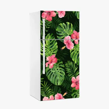 Sticker pour réfrigérateur motif tropical feuilles de monstera et hibiscus roses – Wallnifity®
