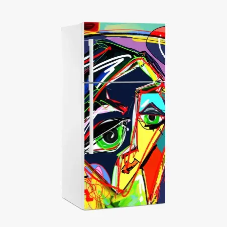 Sticker pour réfrigérateur portrait abstrait aux couleurs vives et lignes dynamiques – Wallnifity®