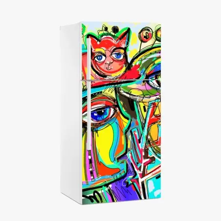 Sticker pour réfrigérateur rencontre colorée: visage, oiseau et chat rouge – Wallnifity®