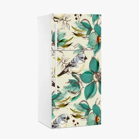 Sticker pour réfrigérateur fleurs et oiseaux rétro en turquoise – Wallnifity®