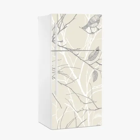 Sticker pour réfrigérateur motif oiseaux et branches minimaliste en beige – Wallnifity®