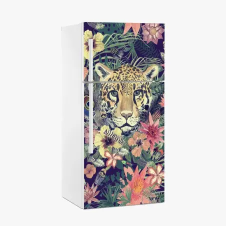 Sticker pour réfrigérateur tête de léopard aquarelle dans une jungle florale – Wallnifity®