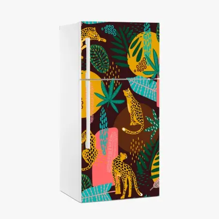 Sticker pour réfrigérateur motif jungle coloré aux léopards et feuillages – Wallnifity®