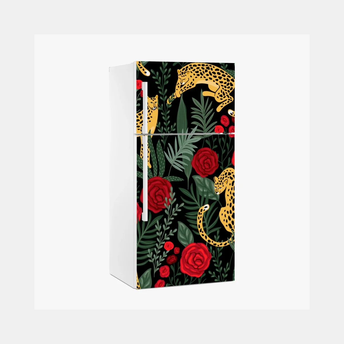 Sticker pour réfrigérateur jungle élégante de léopards et roses – Wallnifity® Sticker pour réfrigérateur jungle élégante de léopards et roses – Wallnifity®