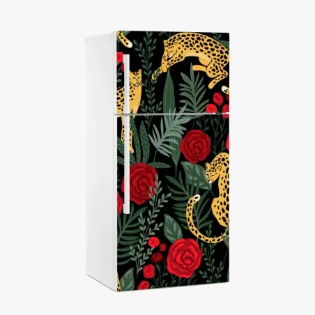 Sticker pour réfrigérateur jungle élégante de léopards et roses – Wallnifity®