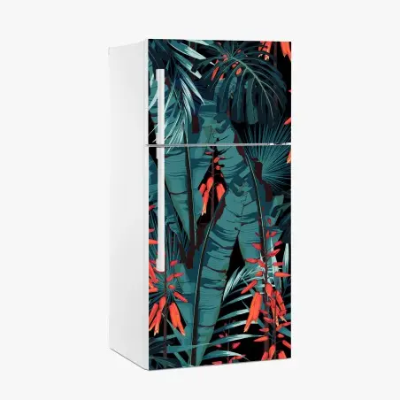 Sticker pour réfrigérateur jungle tropicale nocturne aux fleurs rouges – Wallnifity®