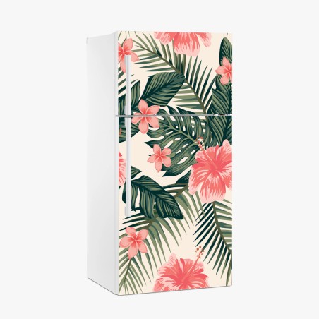 Sticker pour réfrigérateur motif tropical hibiscus corail et feuillage vert – Wallnifity®