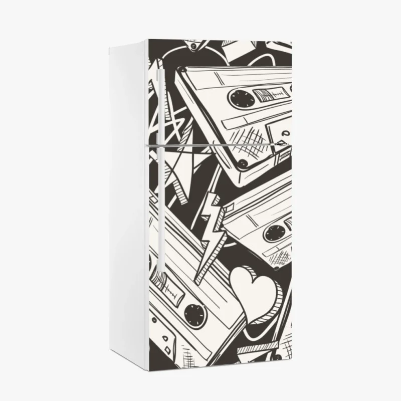 Sticker pour réfrigérateur ambiance rétro cassettes et croquis noir et blanc – Wallnifity® Sticker pour réfrigérateur ambiance rétro cassettes et croquis noir et blanc – Wallnifity®