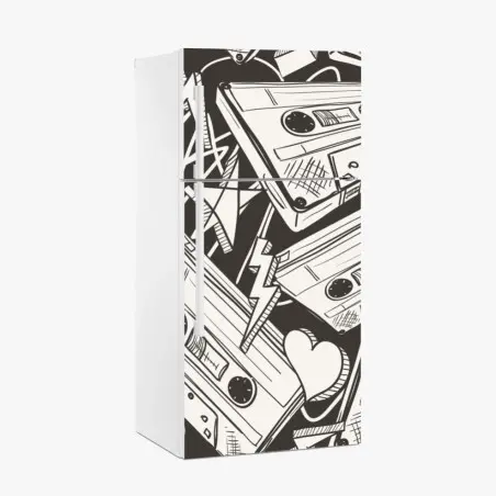 Sticker pour réfrigérateur ambiance rétro cassettes et croquis noir et blanc – Wallnifity®