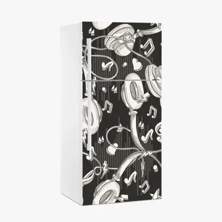 Sticker pour réfrigérateur motif casque audio et notes de musique en monochrome – Wallnifity®