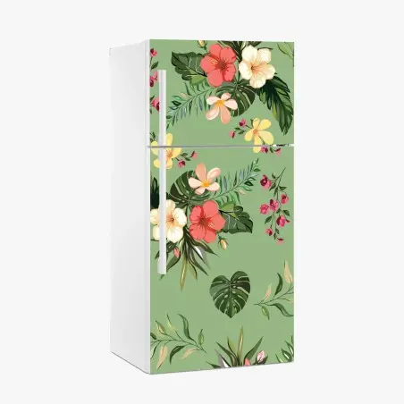 Sticker pour réfrigérateur motif tropical fleuri sur fond vert – Wallnifity®