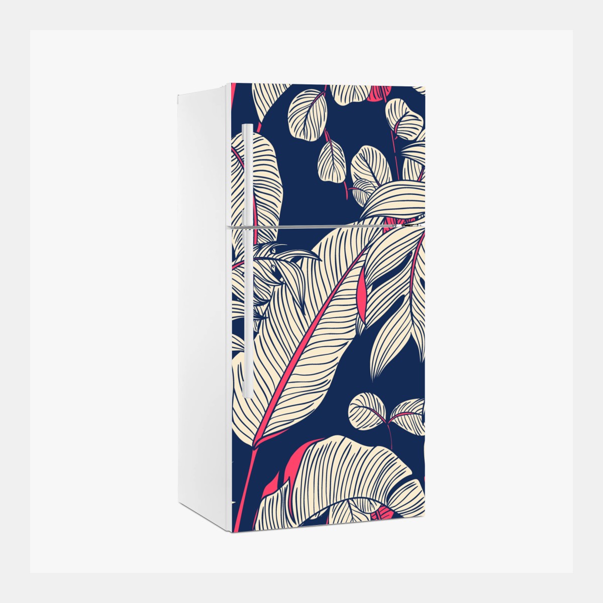 Sticker pour réfrigérateur feuillage tropical graphique bleu nuit et corail – Wallnifity®