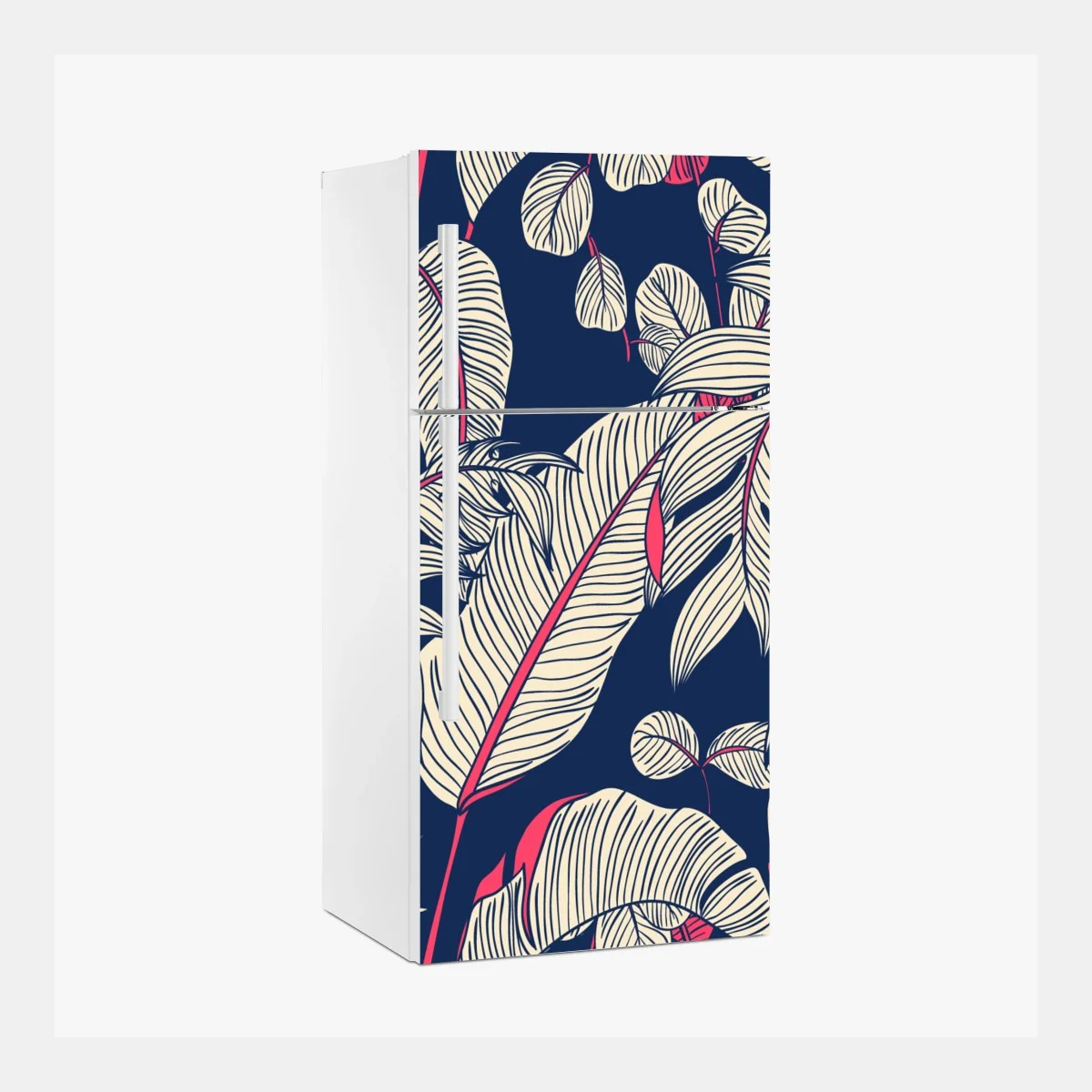 Sticker pour réfrigérateur feuillage tropical graphique bleu nuit et corail – Wallnifity® Sticker pour réfrigérateur feuillage tropical graphique bleu nuit et corail – Wallnifity®