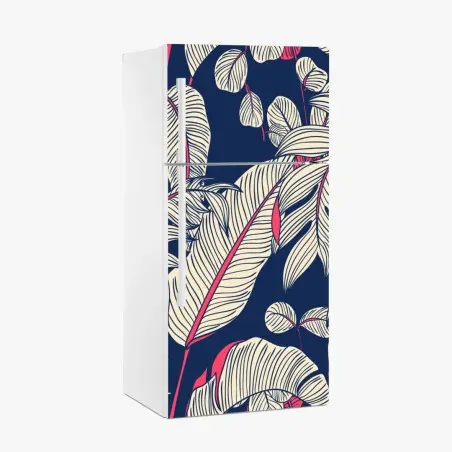 Sticker pour réfrigérateur feuillage tropical graphique bleu nuit et corail – Wallnifity®