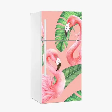 Sticker pour réfrigérateur motif flamants roses et feuilles tropicales – Wallnifity®