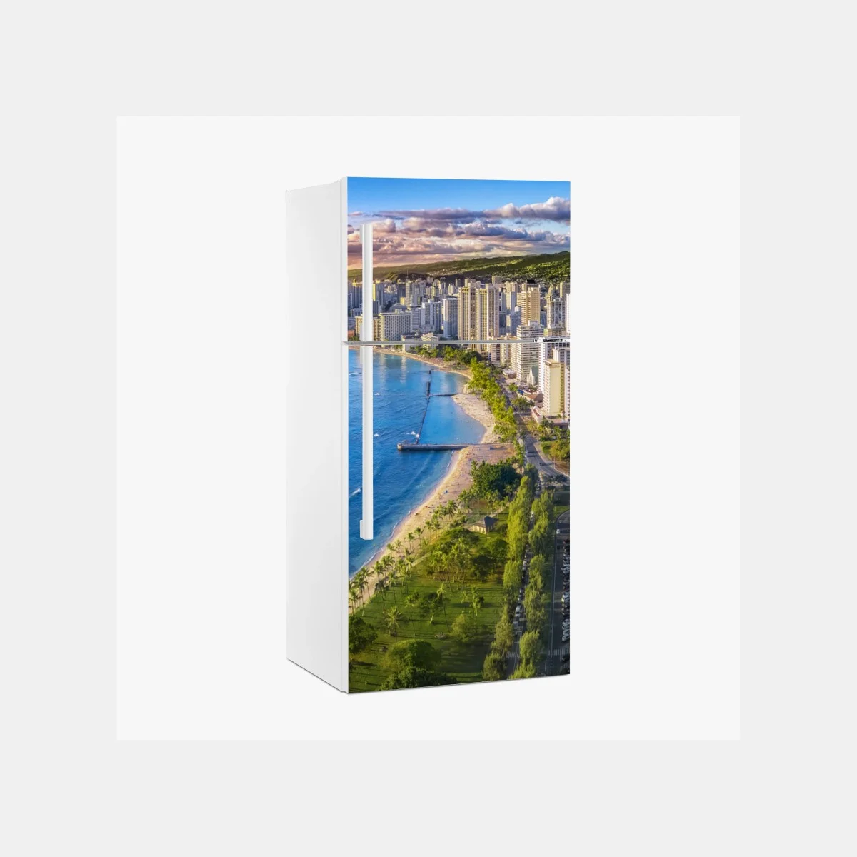 Sticker pour réfrigérateur paysage côtier urbain de Waikiki au coucher du soleil – Wallnifity® Sticker pour réfrigérateur paysage côtier urbain de Waikiki au coucher du soleil – Wallnifity®
