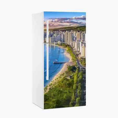 Sticker pour réfrigérateur paysage côtier urbain de Waikiki au coucher du soleil – Wallnifity®