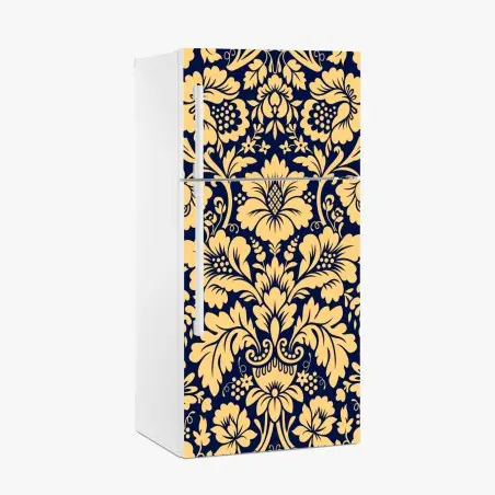 Sticker pour réfrigérateur motif floral damassé bleu marine et or – Wallnifity®