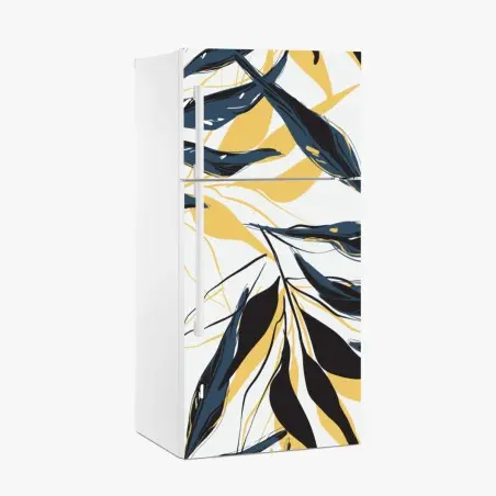 Sticker pour réfrigérateur feuillage stylisé bleu marine et jaune moutarde – Wallnifity®