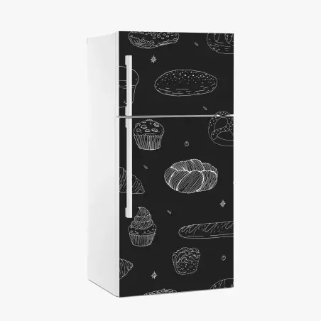 Sticker pour réfrigérateur motif pâtisseries au trait blanc sur fond noir – Wallnifity®