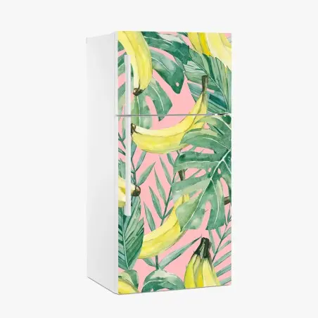 Sticker pour réfrigérateur motif tropical bananes et feuilles aquarelle sur fond rose – Wallnifity®