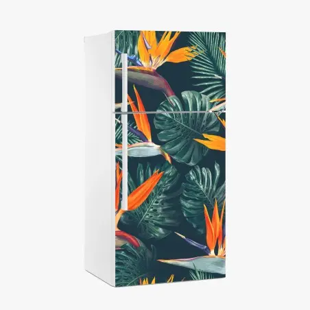 Sticker pour réfrigérateur motif tropical d'oiseaux-de-paradis et feuilles monstera – Wallnifity®