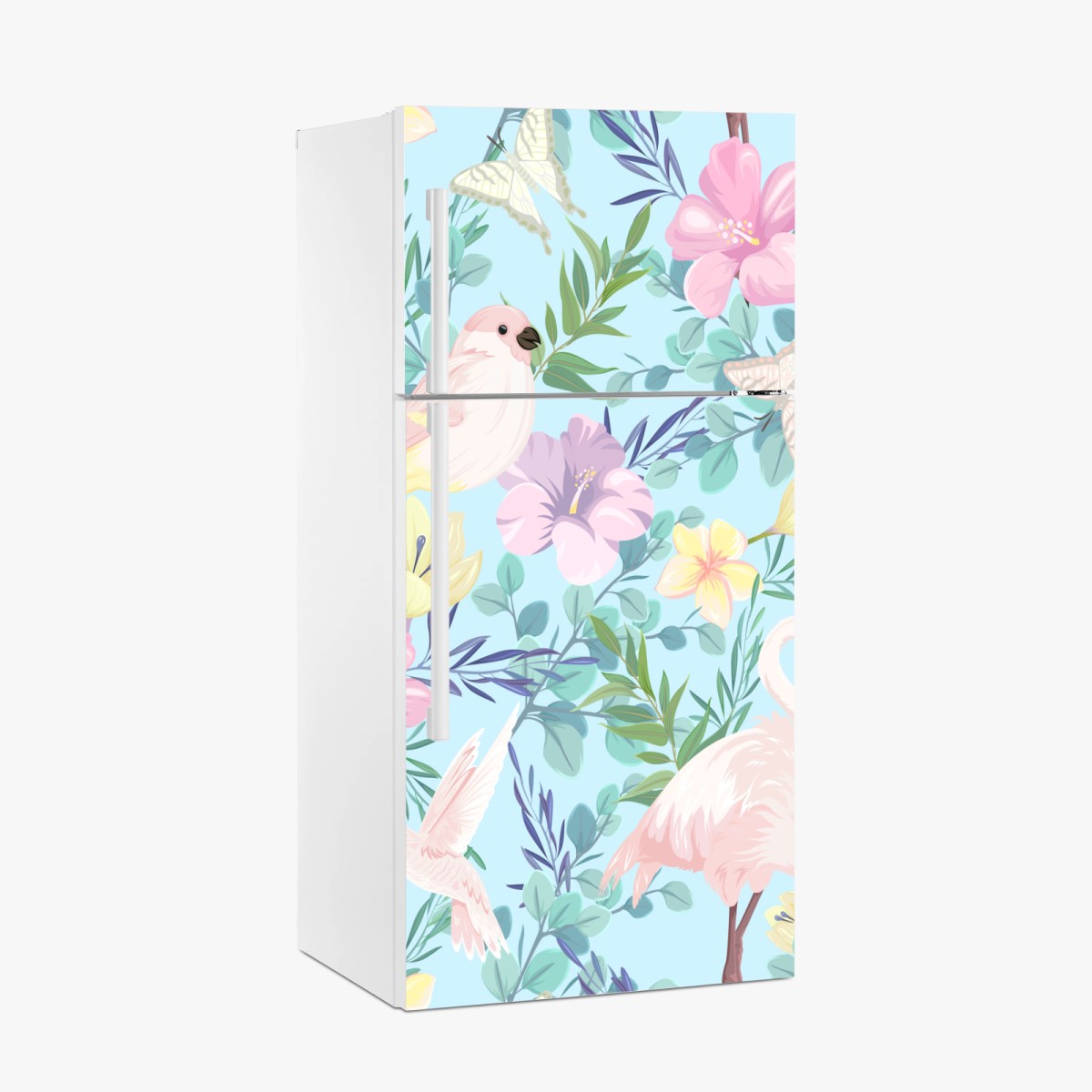 Sticker pour réfrigérateur jungle pastel au flamant rose et aux colibris – Wallnifity®