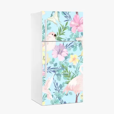 Sticker pour réfrigérateur jungle pastel au flamant rose et aux colibris – Wallnifity®