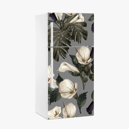 Sticker pour réfrigérateur motif floral élégant aux arums et monstera sur fond gris – Wallnifity®