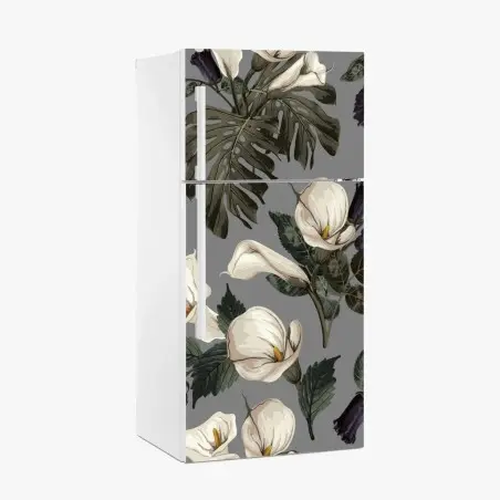 Sticker pour réfrigérateur motif floral élégant aux arums et monstera sur fond gris – Wallnifity®
