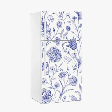 Sticker pour réfrigérateur motif floral toile de jouy bleu classique – Wallnifity®