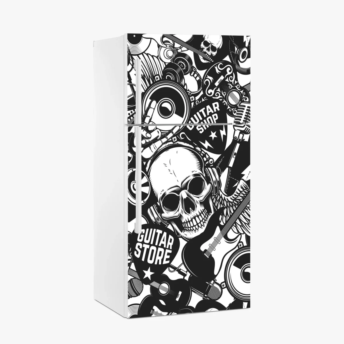 Sticker pour réfrigérateur motif rock'n'roll monochrome avec crâne et guitares – Wallnifity® Sticker pour réfrigérateur motif rock'n'roll monochrome avec crâne et guitares – Wallnifity®