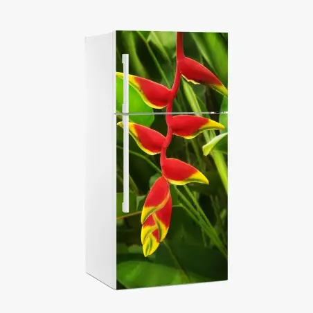 Sticker pour réfrigérateur héliconia rouge et jaune sur fond végétal – Wallnifity®