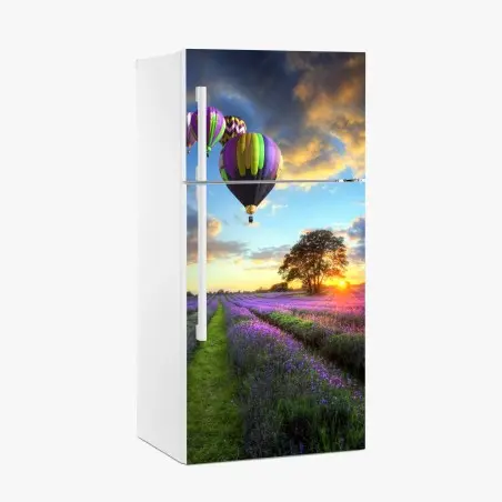 Sticker pour réfrigérateur coucher de soleil sur champs de lavande et montgolfières – Wallnifity®