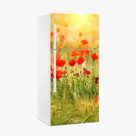 Sticker pour réfrigérateur champ de coquelicots au soleil doré – Wallnifity®