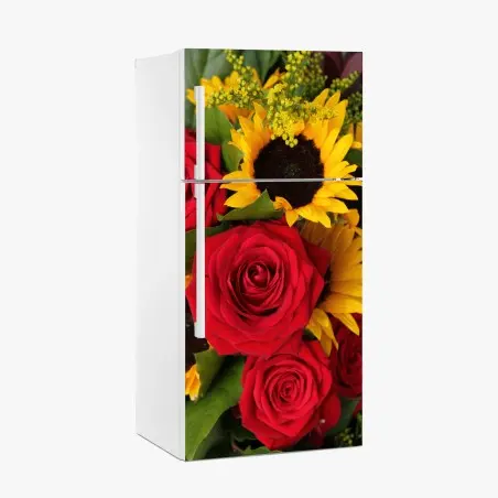Sticker pour réfrigérateur bouquet de roses rouges et tournesols éclatants – Wallnifity®