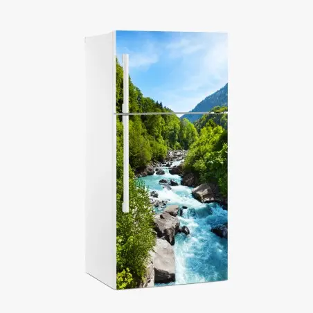 Sticker pour réfrigérateur rivière turquoise dans une vallée verdoyante – Wallnifity®