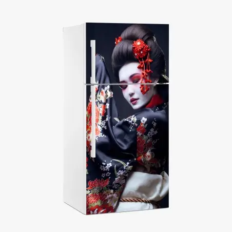 Sticker pour réfrigérateur portrait de geisha au kimono floral – Wallnifity®