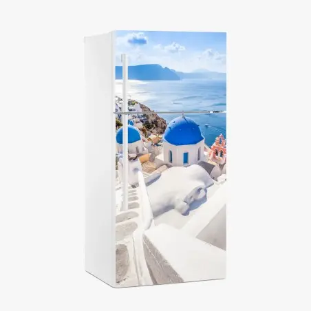 Sticker pour réfrigérateur paysage côtier de Santorin aux dômes bleus – Wallnifity®