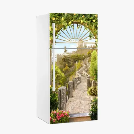 Sticker pour réfrigérateur chemin pavé fleuri vers un château – Wallnifity®