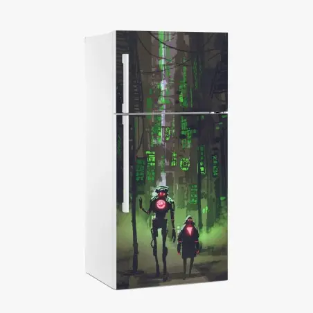 Sticker pour réfrigérateur ruelle cyberpunk aux néons verts – Wallnifity®
