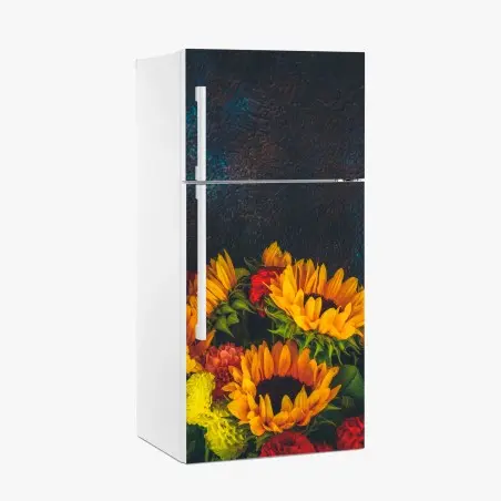 Sticker pour réfrigérateur bouquet de tournesols lumineux sur fond texturé – Wallnifity®