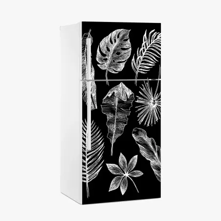 Sticker pour réfrigérateur motifs de feuilles tropicales en croquis blanc et noir – Wallnifity®
