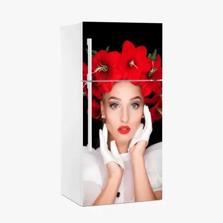 Sticker pour réfrigérateur portrait élégant à la couronne de fleurs rouges – Wallnifity®