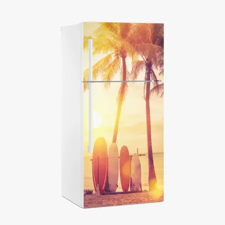 Sticker pour réfrigérateur coucher de soleil tropical avec planches de surf – Wallnifity®