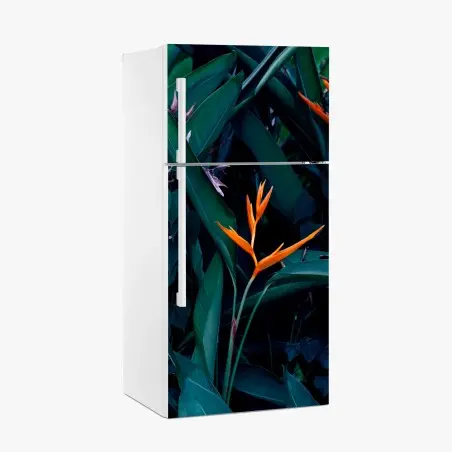 Sticker pour réfrigérateur fleur tropicale orange sur feuillage luxuriant – Wallnifity®