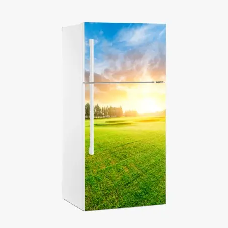 Sticker pour réfrigérateur coucher de soleil doré sur le gazon et la forêt – Wallnifity®